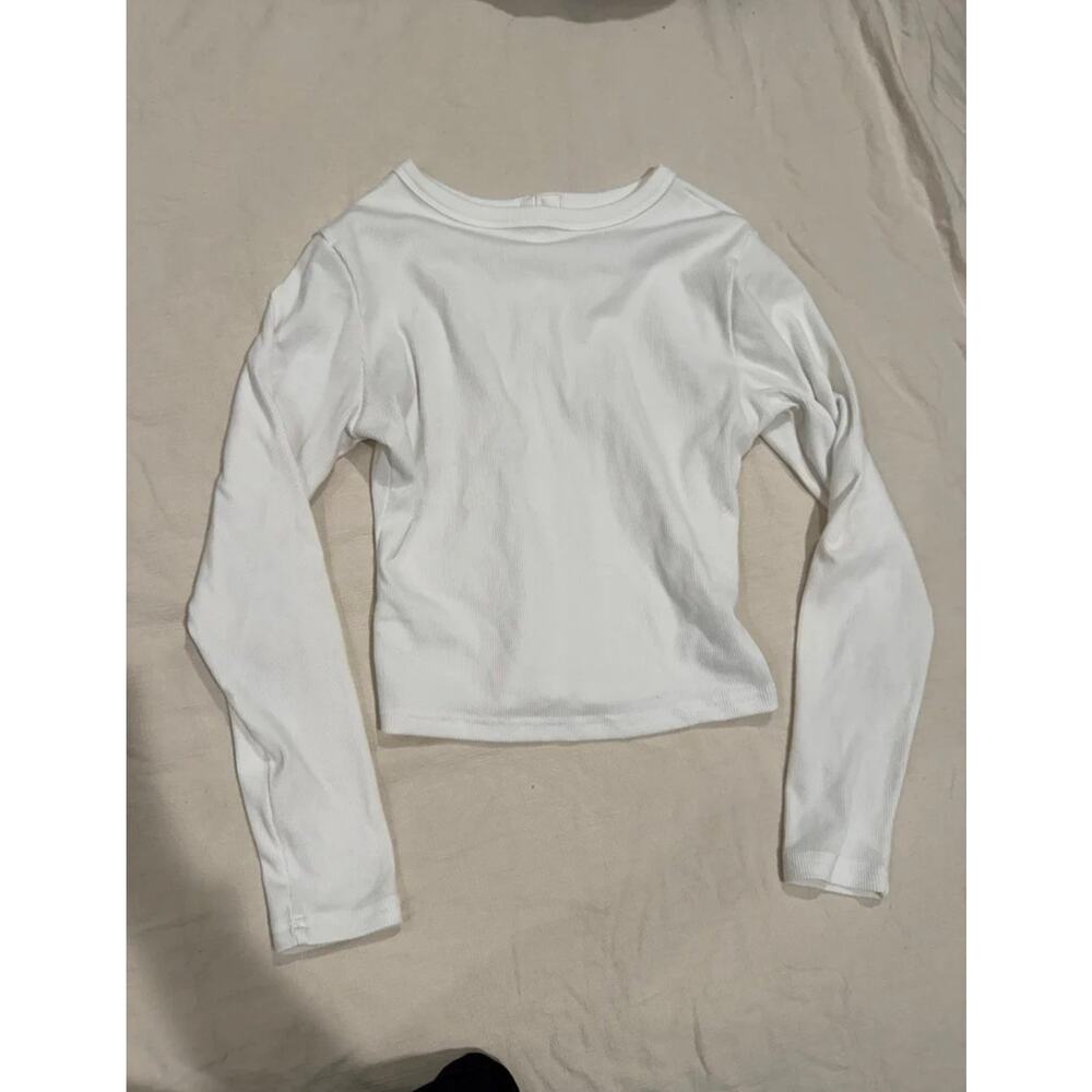 White Ribbed Button Front Long Sleeve Top Size Small - Picture 5 of 9
